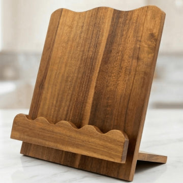 Beautiful Wooden Cookbook Stand for Your Kitchen Counter – Solid Acacia Wood Scalloped Book Holder Keeps Cookbooks & Tablets Open, Stable 2-Piece Slot Design, Easy-Clean, Perfect for Everyday Cooking