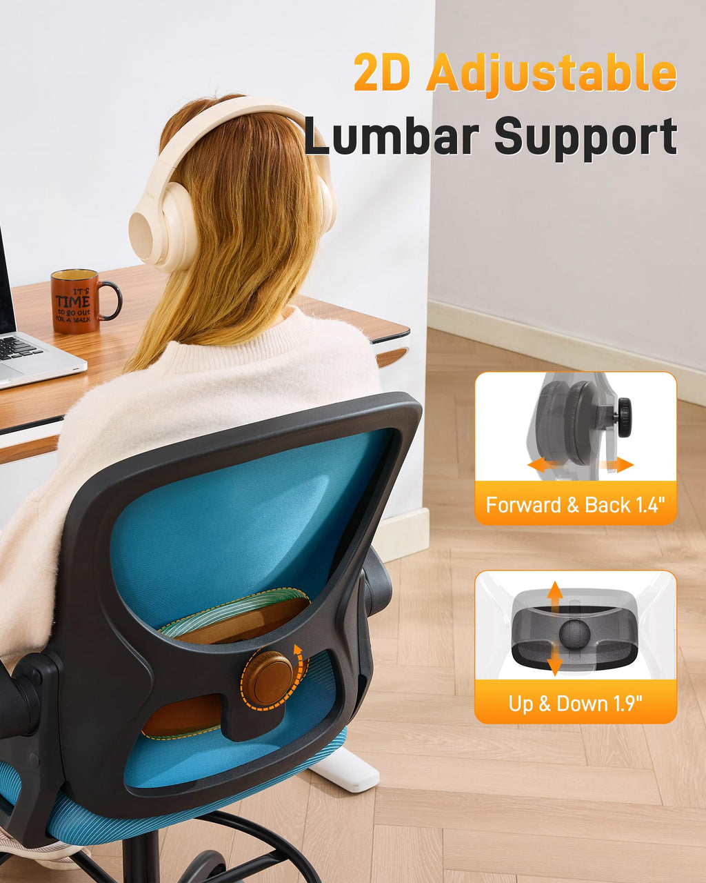 Lukkdys Drafting Chair with Arms, Tall Office Chair for Standing Desks, 19.7"-27.6", Blue&black