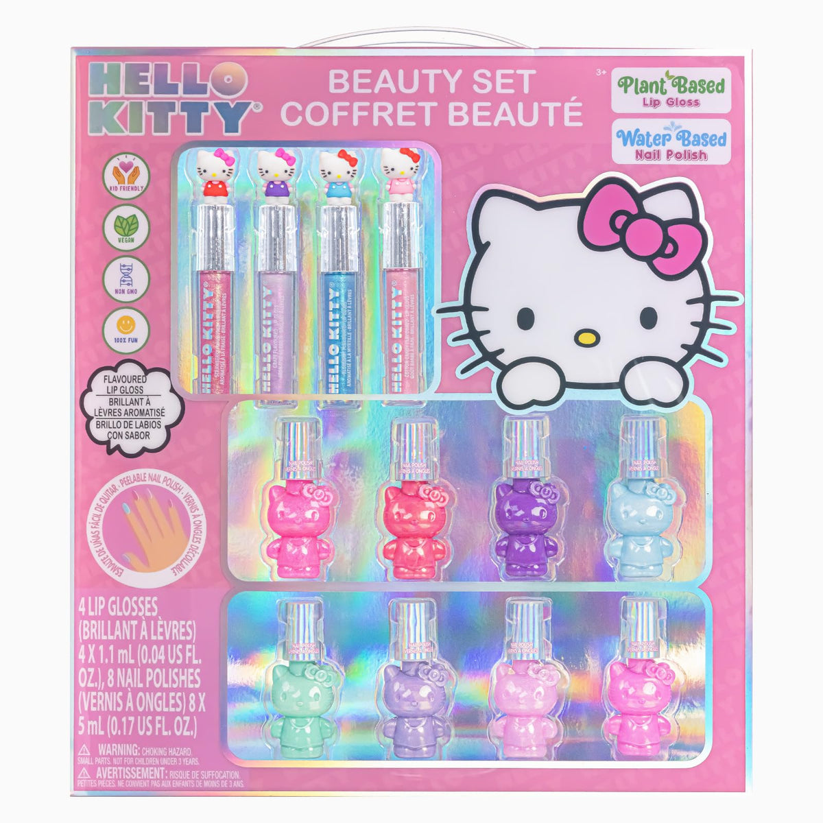 Hello Kitty Nail Polish and Lip Gloss Kids Makeup Set for Girls, Birthday Gift Parties, Sleepovers & Makeovers for Age 3+, by Townley Girl