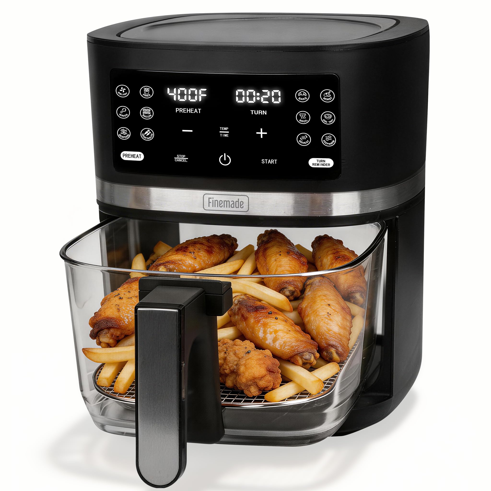 FineMade 12-in-1 Glass Air Fryer Non Toxic,4.5 Quart, Dishwasher-Safe Air fryer Glass Basket, Freidora De Aire De Vidrio, Temperature & Time Programable, PFOA & PFAS Free, Graphite