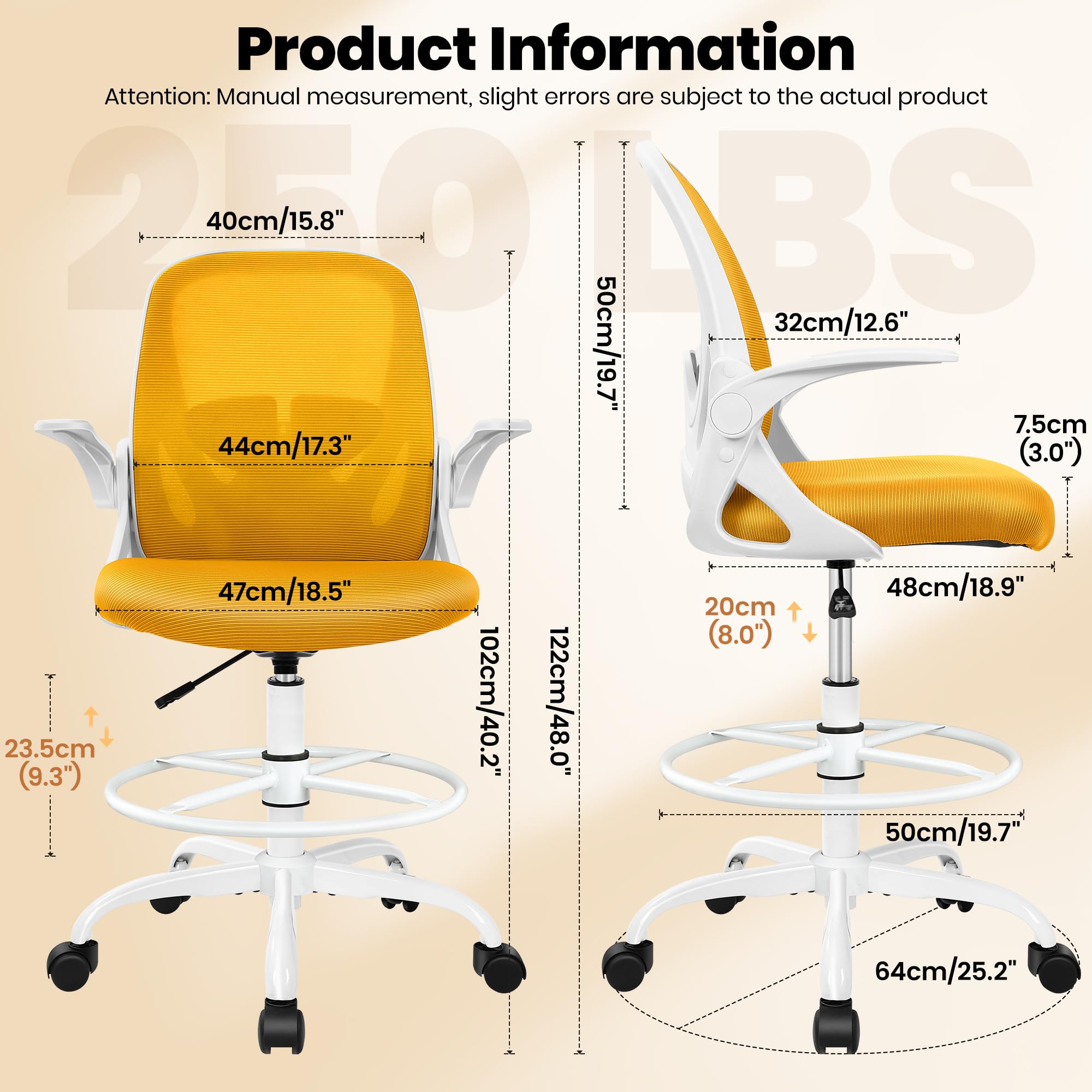 Primy Drafting Chair Tall Office Chair with Flip-up Armrests Executive Ergonomic Computer Standing Desk Chair with Lumbar Support and