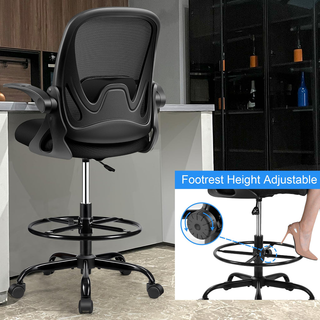 Drafting Chair Tall Office Chair with Flip-up Armrests, Adjustable Height, and Enhanced Lumbar Support - Ergonomic Rolling Stool, Back Support,