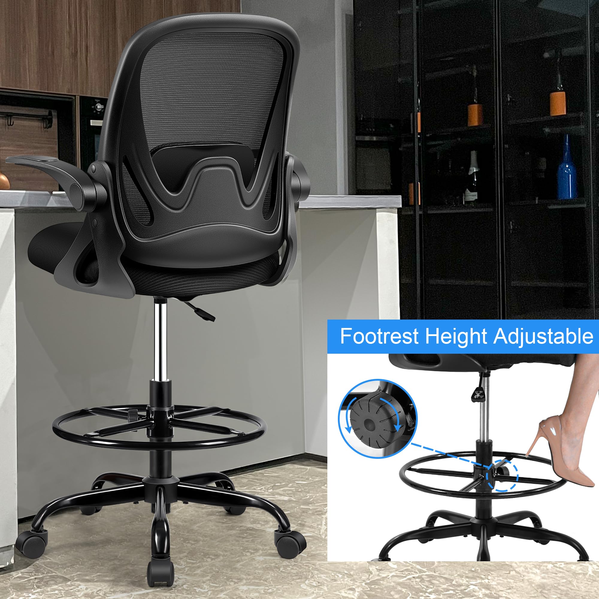 Drafting Chair Tall Office Chair with Flip-up Armrests, Adjustable Height, and Enhanced Lumbar Support - Ergonomic Rolling Stool, Back Support,