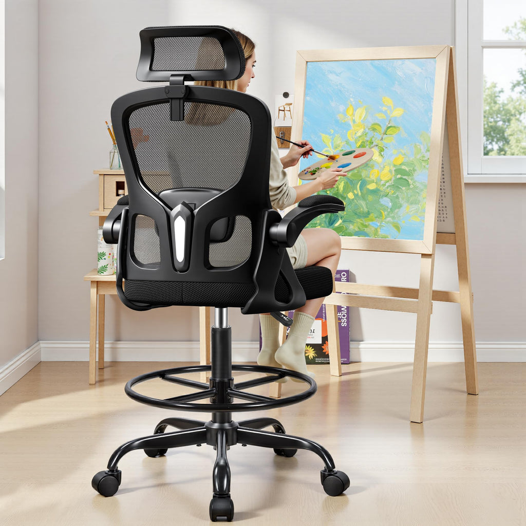 Finati Drafting Chair, Tall Office Chair for Standing Desk, Ergonomic High Back with Headrest, Lumbar Support, Foot Ring and Flip-up Armrests,