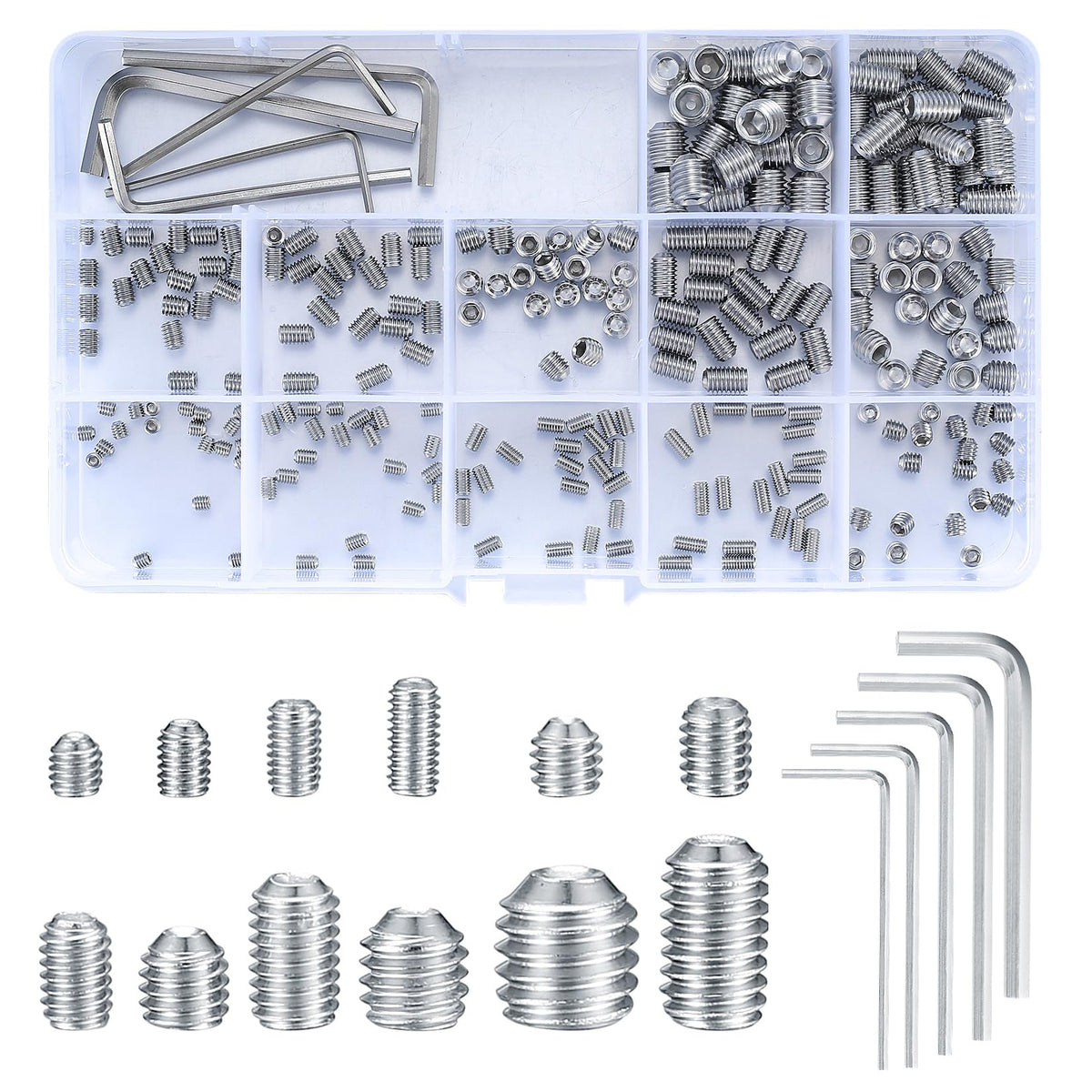 240 Pcs Set Screws Assortment Kit (M3, M4, M5, M6, M8) with Allen Keys–Durable Metric Cup Point 304 Stainless Steel for Bathroom Fixtures, Light Fixture Screws,Door Knobs, Faucets, Plumbing, and More