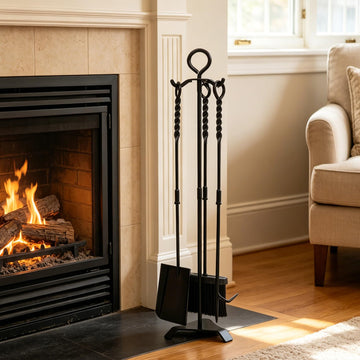 30'' Fireplace Tool Set, 4 Pcs Heavy Duty Manganese Steel Fireplace Accessories, Twisted Rope Design Fire Place Tools with Stand, Fire Poker, Wide Shovel, High-Density Brush