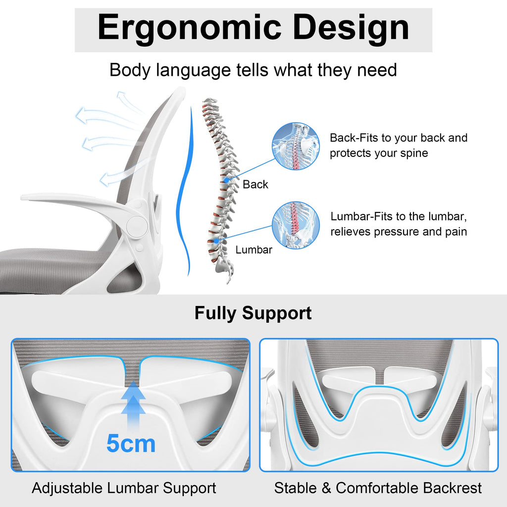 Primy Office Chair Ergonomic Desk Chair with Adjustable Lumbar Support and Height, Swivel Breathable Desk Mesh Computer Chair with Flip Up