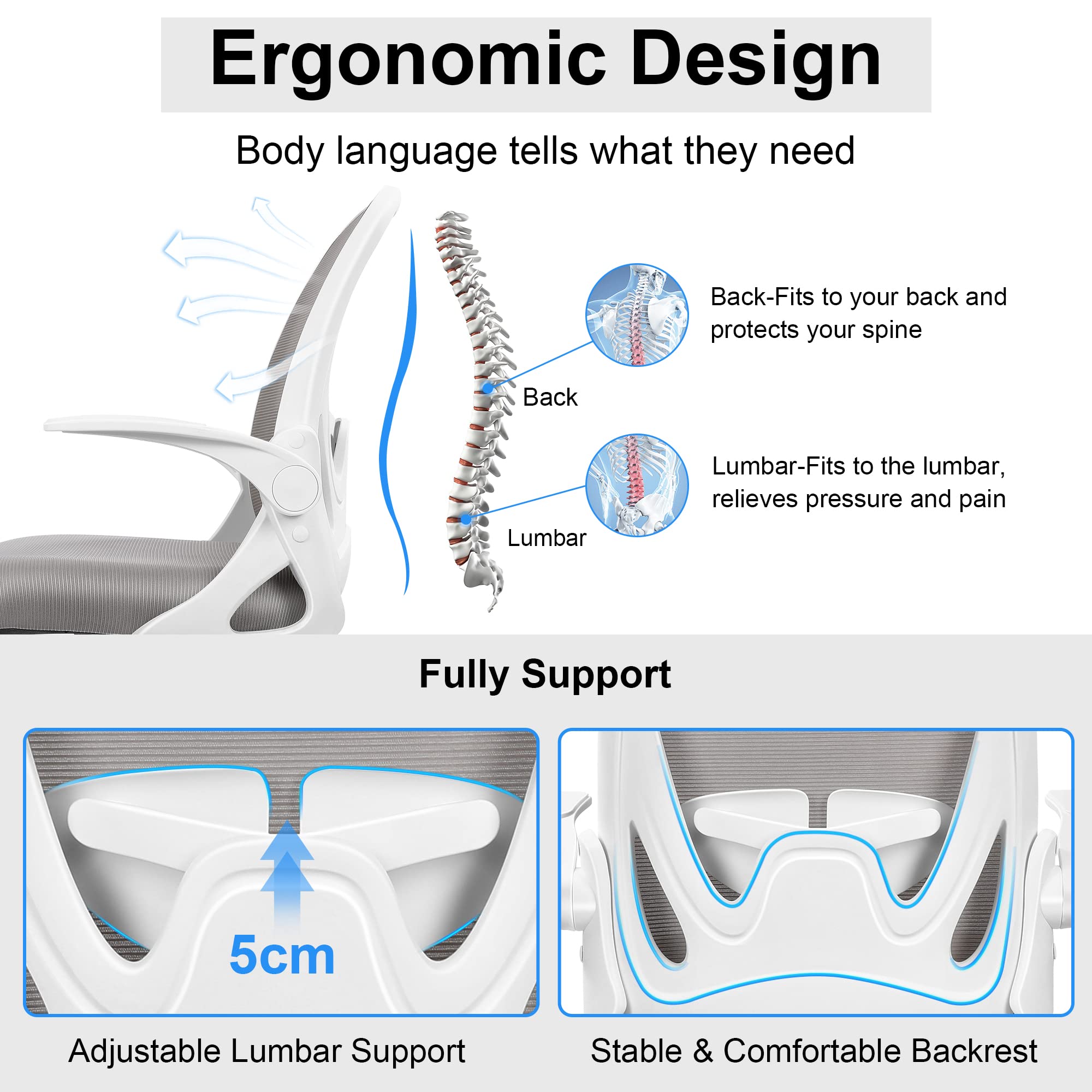 Primy Office Chair Ergonomic Desk Chair with Adjustable Lumbar Support and Height, Swivel Breathable Desk Mesh Computer Chair with Flip Up