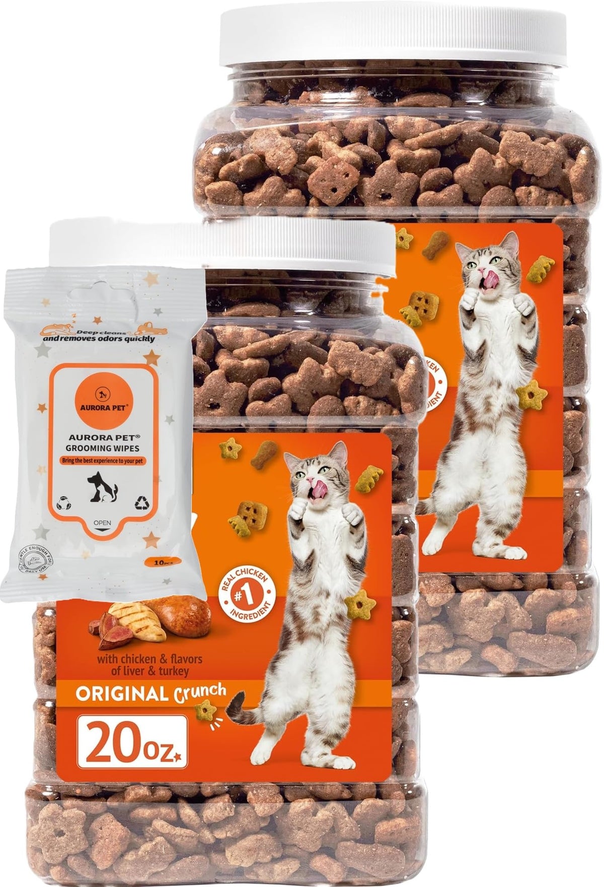 (2 Pack) 20 oz Original Crunch Chicken Cat Treats with AuroraPet Wipes