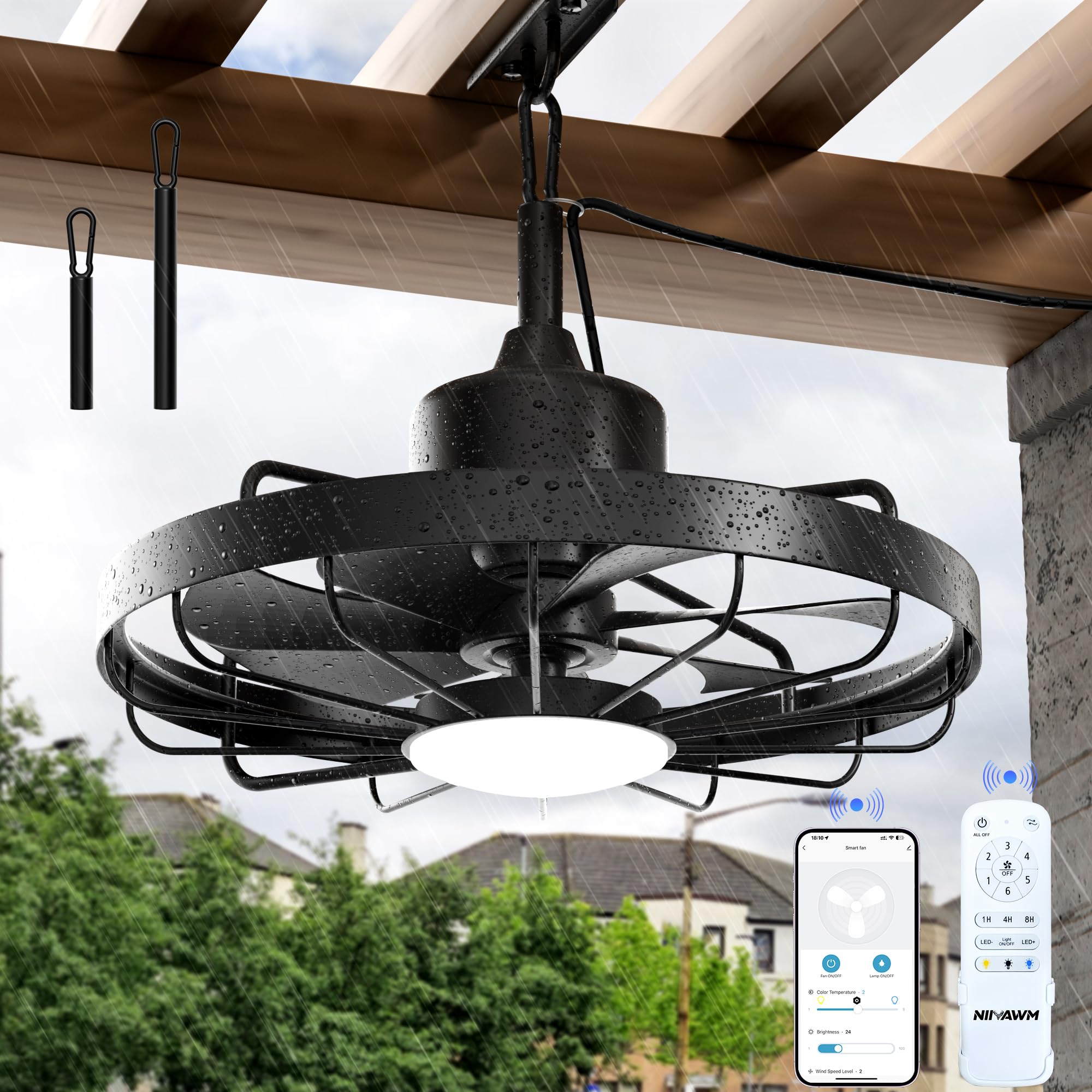 Niitawm 20’’ Outdoor Ceiling Fan with Light, Waterproof Smart Caged Ceiling Fan with Remote & APP Control, 3CCT Reversible Dimmable LED Hanging Fan with 7 Blades for Patio, Gazebo, Pergola, Porch