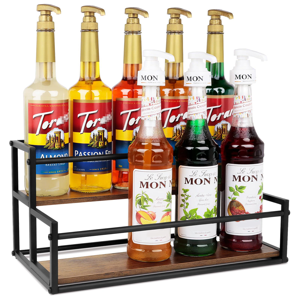 Coffee Syrup Rack Organizer, 2-Tier 10-Bottle Syrup Holder Stand for Coffee Bar & Liquor Display Shelf, Countertop Stand for Coffee Syrups, Wine, Spice, Soda Bar