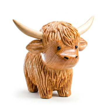BEEBUZ Hand-Carved Wooden Highland Cow Figurine, 3.5" Farmhouse Decor Gift