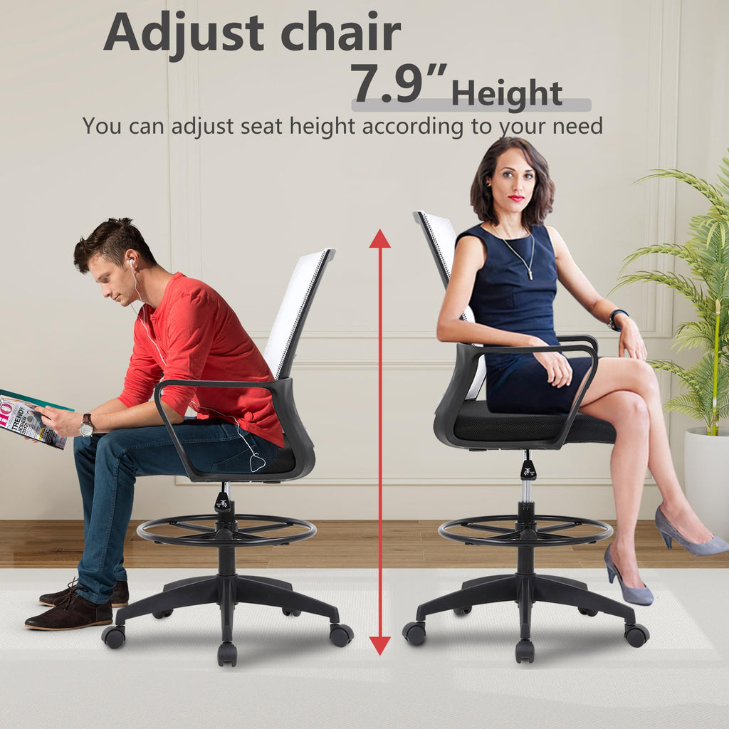 Bestoffice Drafting Chair Tall Office Chair Adjustable Swivel Rolling Mesh Height with Lumbar Support Arms Footrest Mid Back for Adults