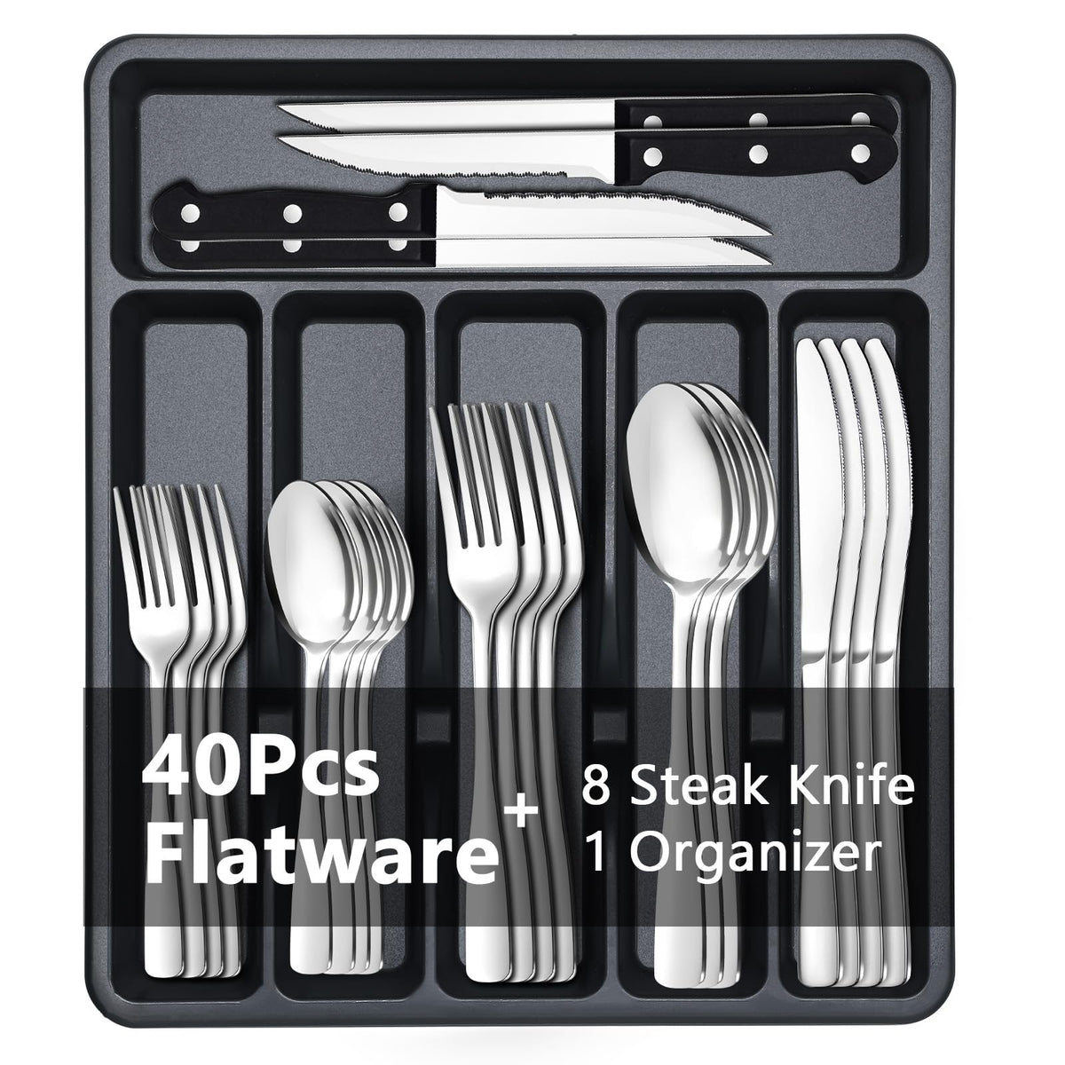 BEWOS 49-Piece Silverware Set with Organizer - Stainless Steel Silverware Set for 8 with Steak Knives and Drawer Organizer, Mirror Polished Flatware Set for Home and Restaurant, Dishwasher Safe