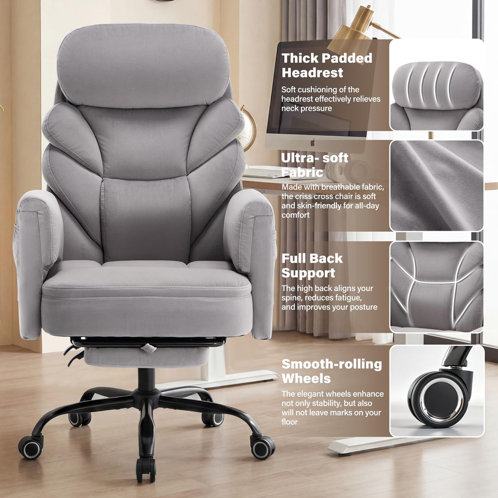 Big and Tall Office Chair, Reclining High Back Criss Cross Desk Chair, Oversized, Grey-fabric
