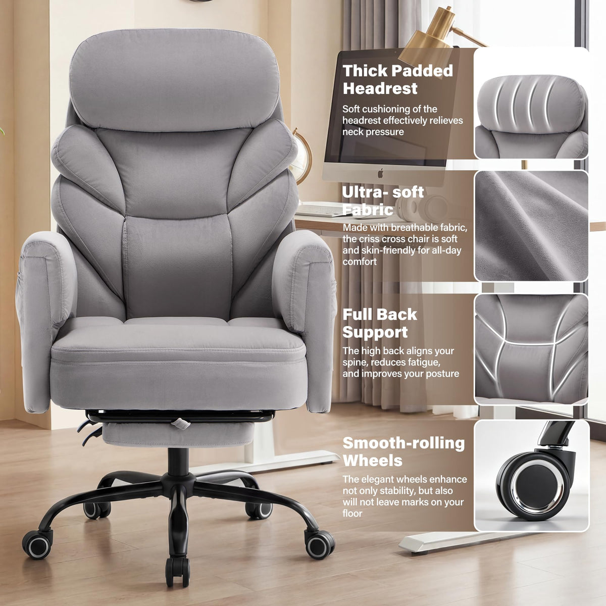 Big and Tall Office Chair, Reclining High Back Criss Cross Desk Chair, Oversized, Grey-fabric