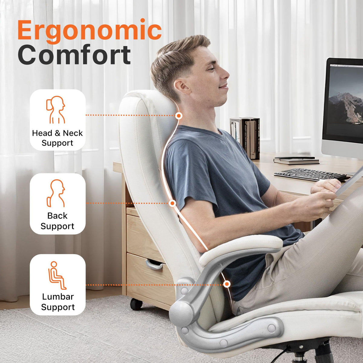 Neo Chair Office Desk Chair, High Back Pu Leather with Flip-up Arms, White, 27 inches x 27 inches x 46 inches