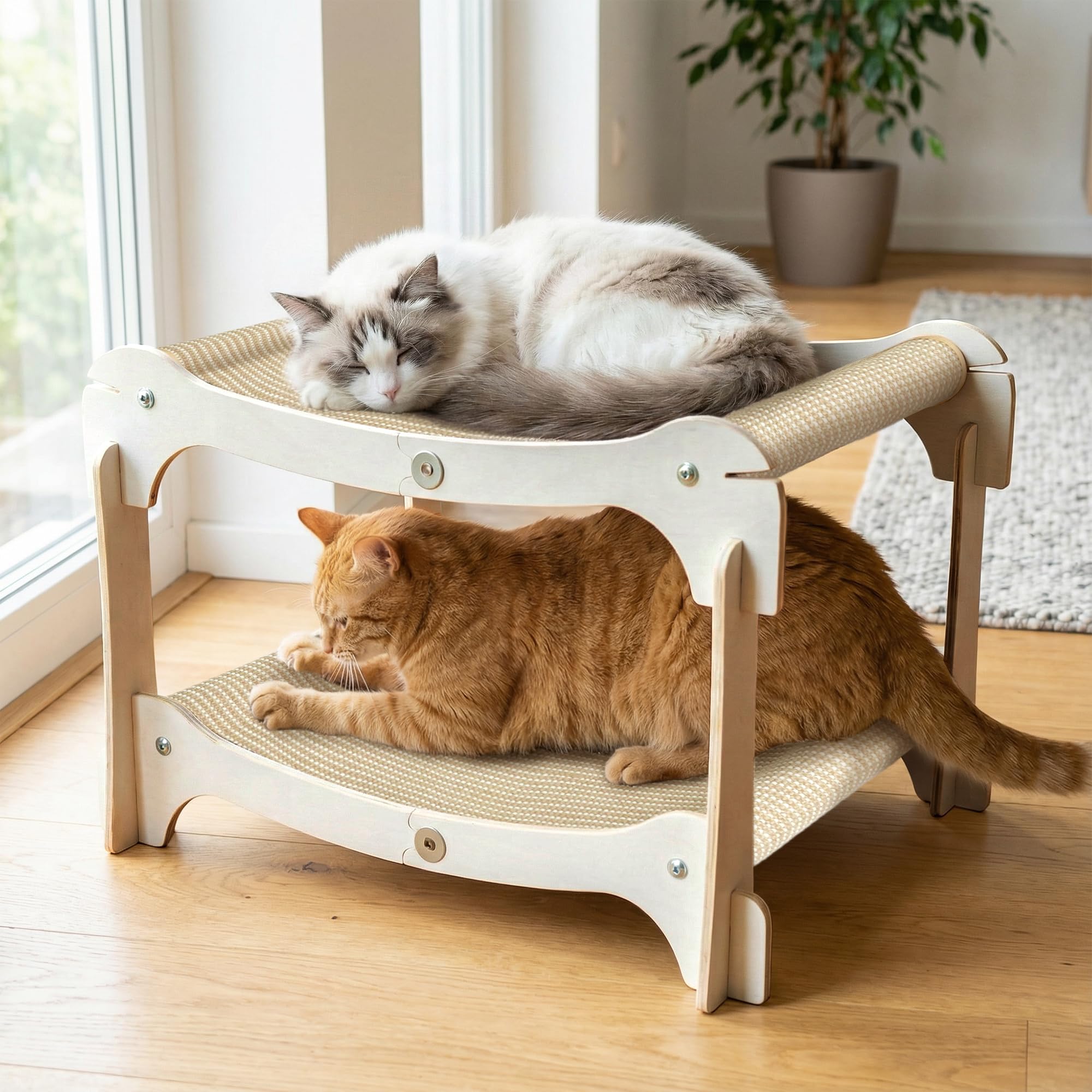 Two-Layer Sisal Cat Scratcher Bed - Large Scratching Board with Lounger Cat Scratch Pad, Sturdy Wooden Scratching Post for Indoor Kittens&Adult Cats, Easy Assemble Elevated Cats Bed Furniture