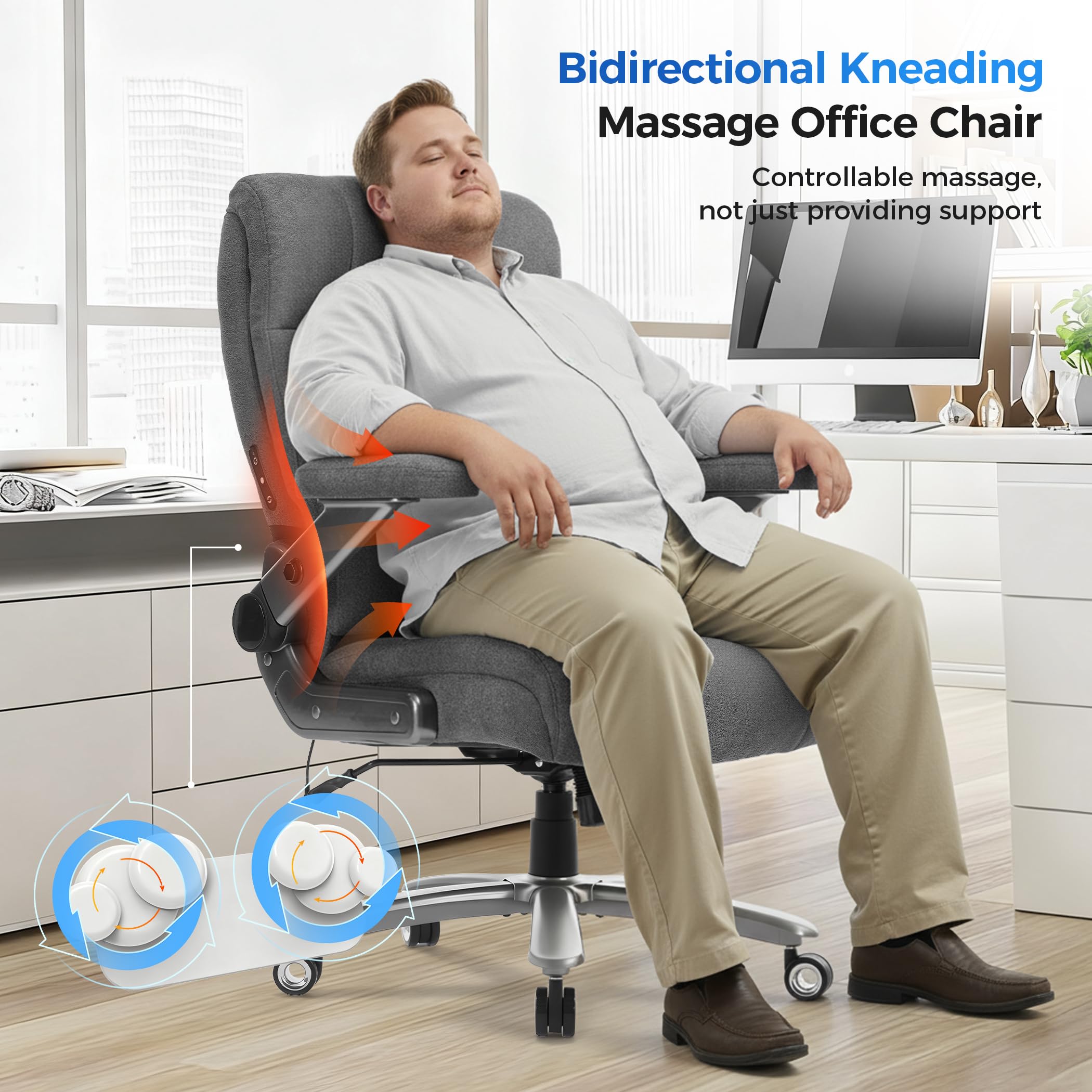 Chairker Big and Tall Office Chair with Massage Heat for Heavy Duty People, 400LBS, Darkgray-fabric