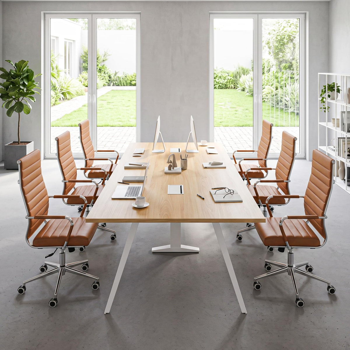 Okeysen Ergonomic Office Desk Chair, Modern Pu Leather Conference Room Chairs Ribbed, High Back Executive Swivel Rolling Chair for Home, Office