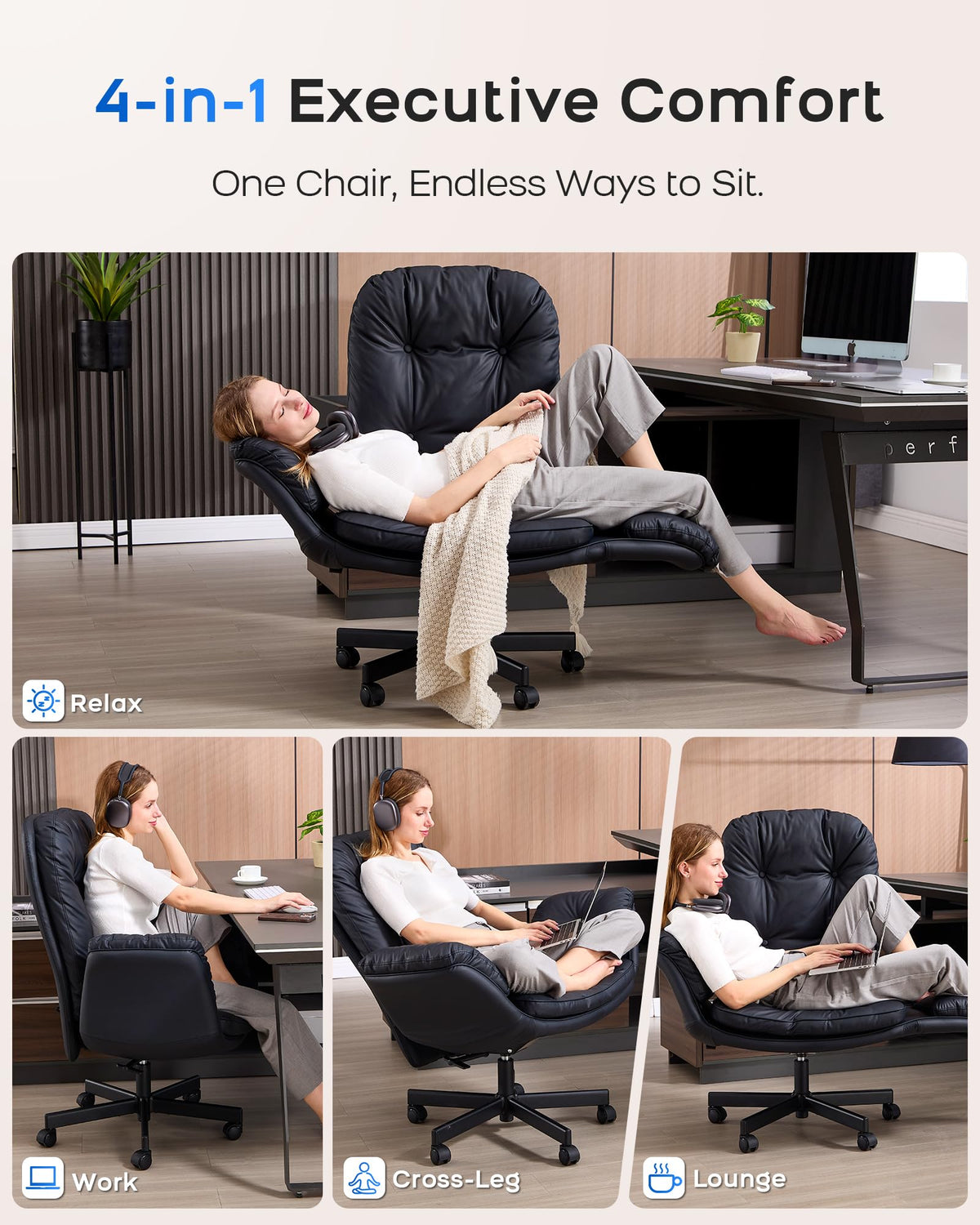 Lukkdys Executive Office Chair, Big & Tall 400 Lbs Capacity, Wide Seat, Pu Leather, 5-gear Lay-flat Armrests (90°–180°) for Cross-legged