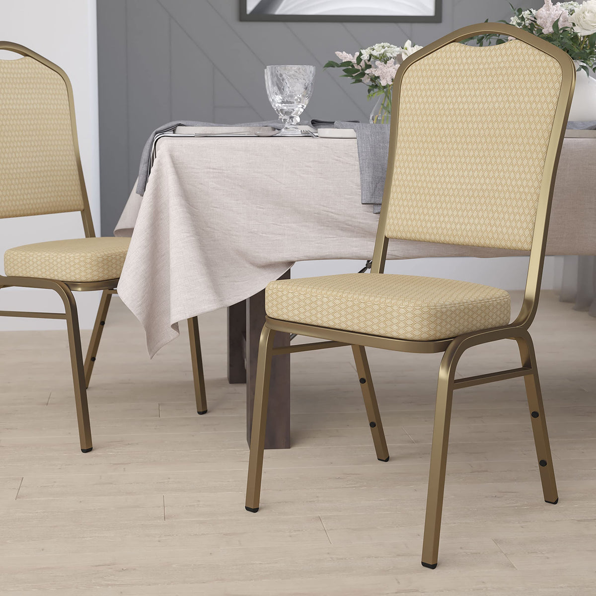 Flash Furniture 4 Pk. Hercules Series Crown Back Stacking Banquet Chair in Orange Fabric - Copper Vein Frame, Set of 4, Orange Fabric/copper