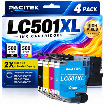 LC501XL LC501 Ink Cartridges for Brother Printer Work Smart MFC-J1360DW MFC-J1260W MFC-J1260DW MFC-J1410DW MFCJ1360DW MFCJ1260W MFCJ1260DW MFCJ1410DW 1360 1260 1410 (4 Pack)