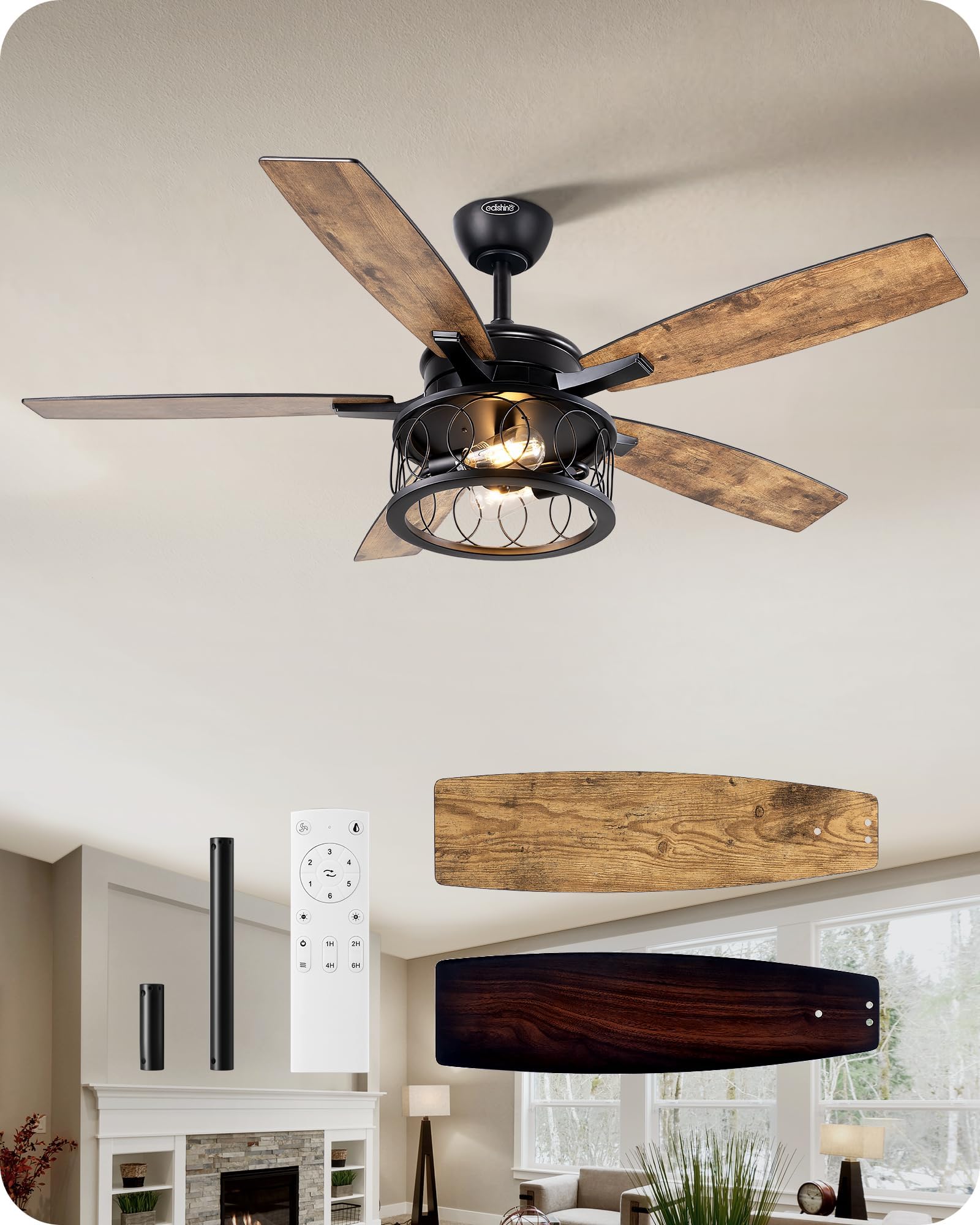 EDISHINE 52'' Farmhouse Ceiling Fans with Lights, 10%-100% Dimmable, 5 Wooden Blades, 1/2/4/6 Hour Timer, 6 Speeds Reversible DC Motor, Rustic Ceiling Fan for Living Room, Bedroom, Burnt Wood