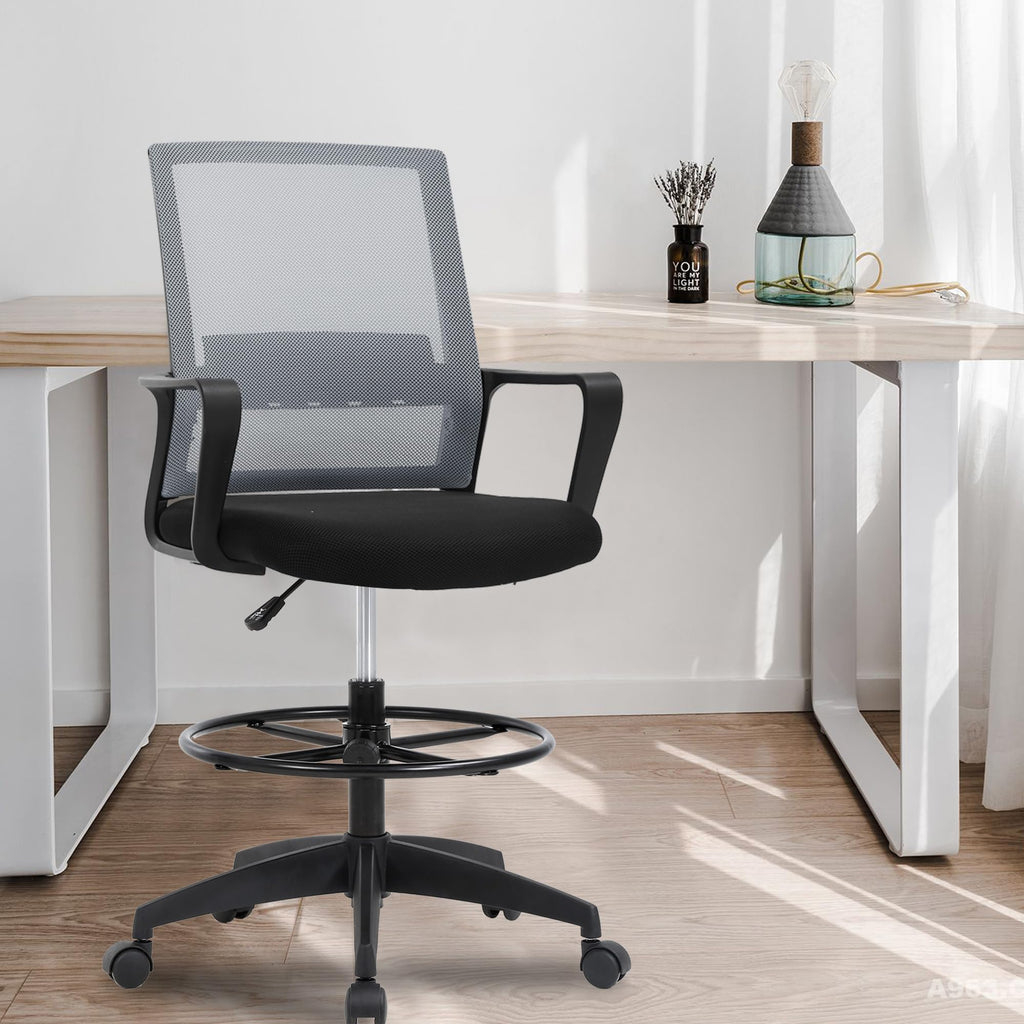 Paylesshere | Drafting Chair | Grey | Tall Office Chair with Adjustable Seat Height & Footrest, Ergonomic Mesh Back, Lumbar Support, 360 Degree