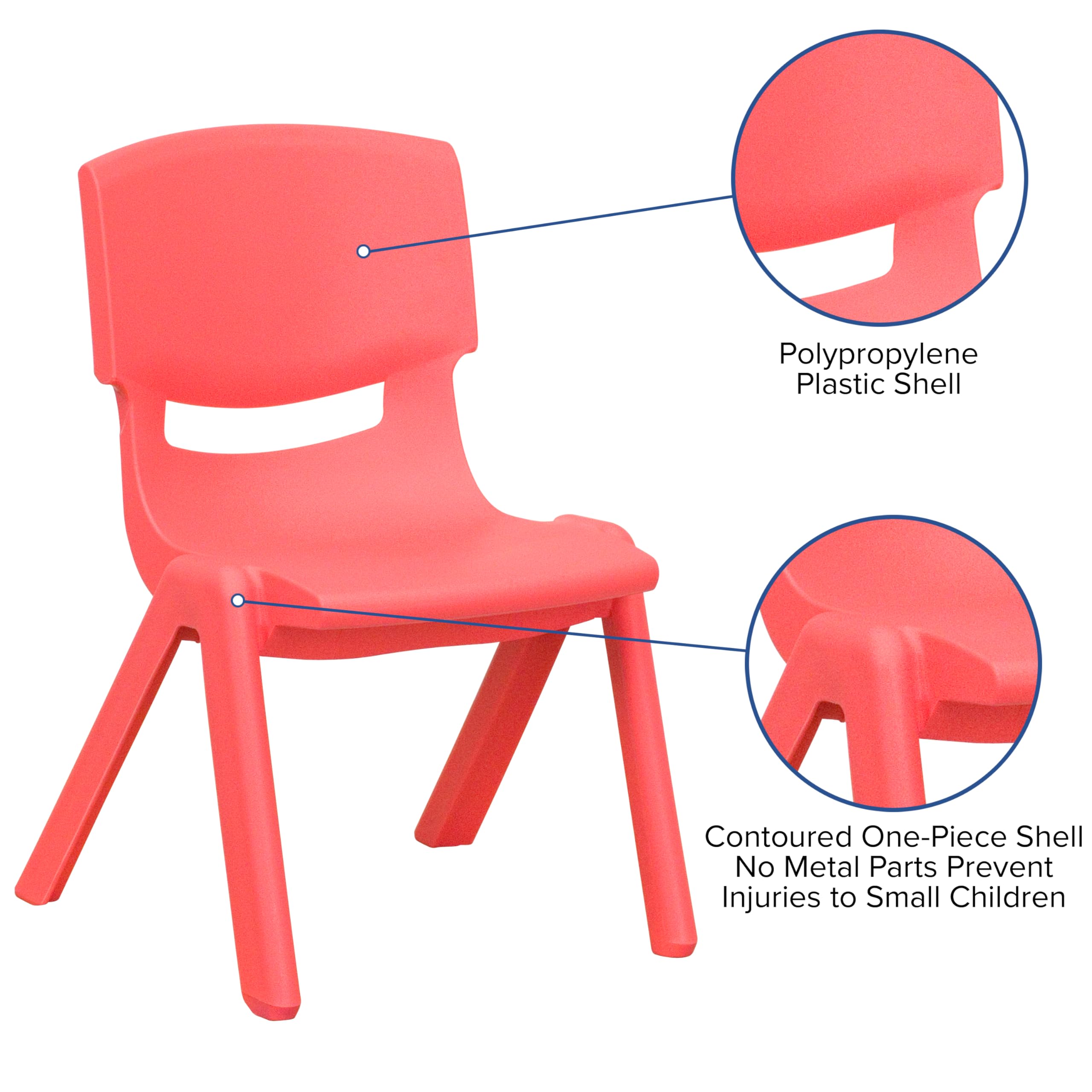 Emma + Oliver Red Plastic Stackable School Chair, 10.5" Seat, 4-pack, 12.5"W x 14"D x 20"H