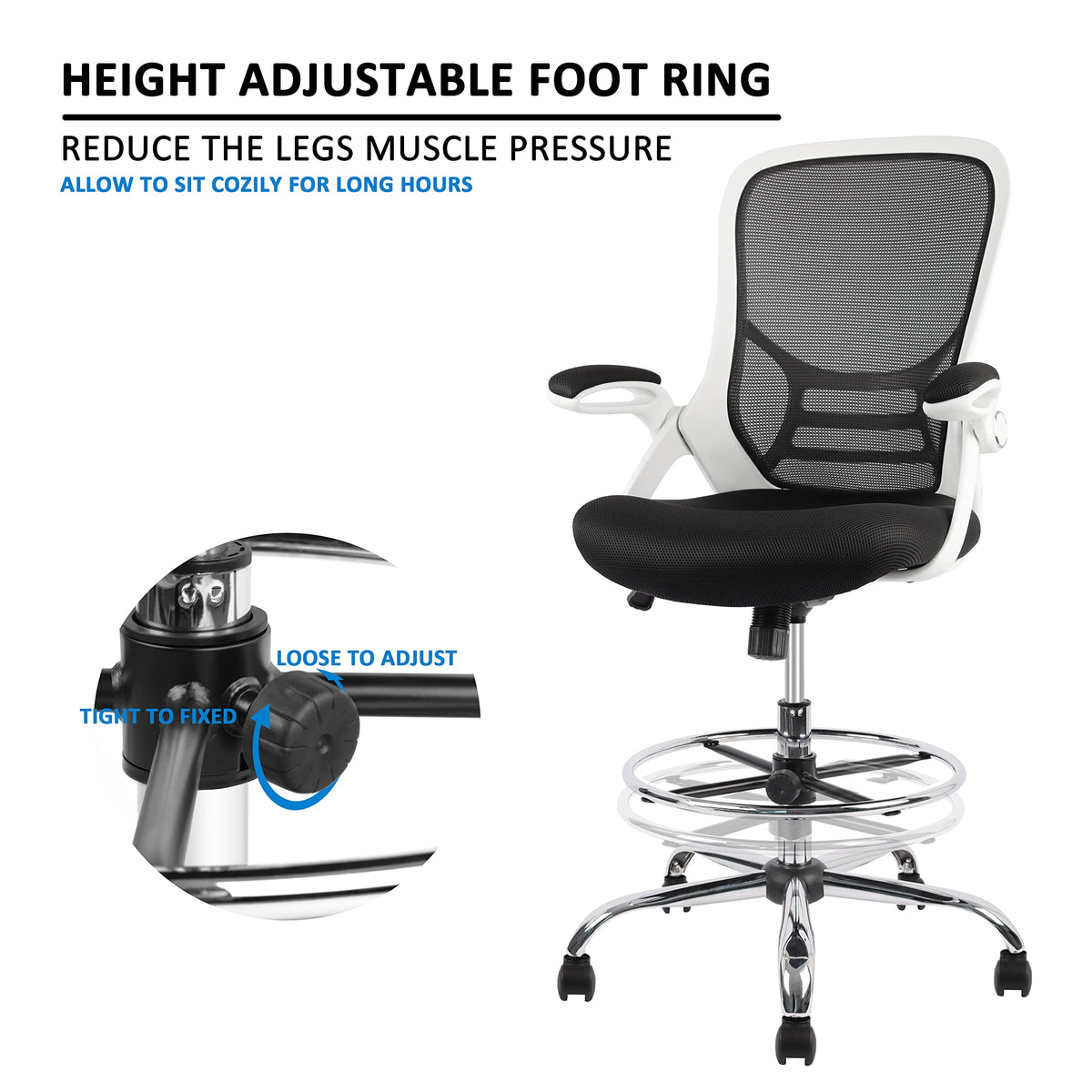 Hylone Drafting Chair, Tall Office Chair Mesh Standing Desk Stool with Adjustable Foot Ring, Flip-up Arms, White & Black