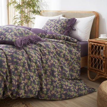 VM VOUGEMARKET Violet Duvet Cover King Double Gauze Cotton Farmhouse Jacquard Green Floral Duvet Cover with 2 Bowknot Pillowcases Rustic Style, Breathable for a Cozy Home Atmosphere