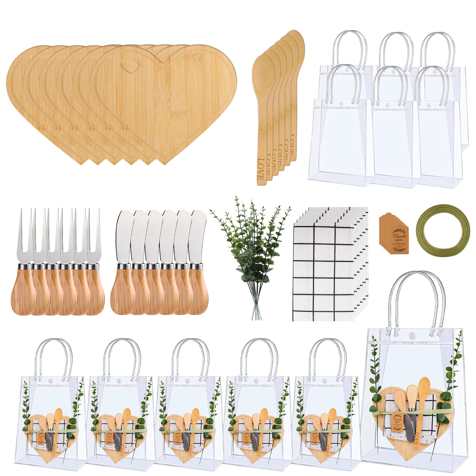 55 Pcs Baby Shower Prizes for Game Winners, 6 Sets Bamboo Cheese Board Kit with Utensils & Towel, Thank You Cards & Gift Bags for Adult Party Favors
