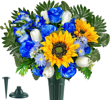 HENOMO Artificial Cemetery Flowers – Vibrant Sunflower Tulip, Outdoor Grave Decorations - 1 Blue Gravesite Bouquet with Vase