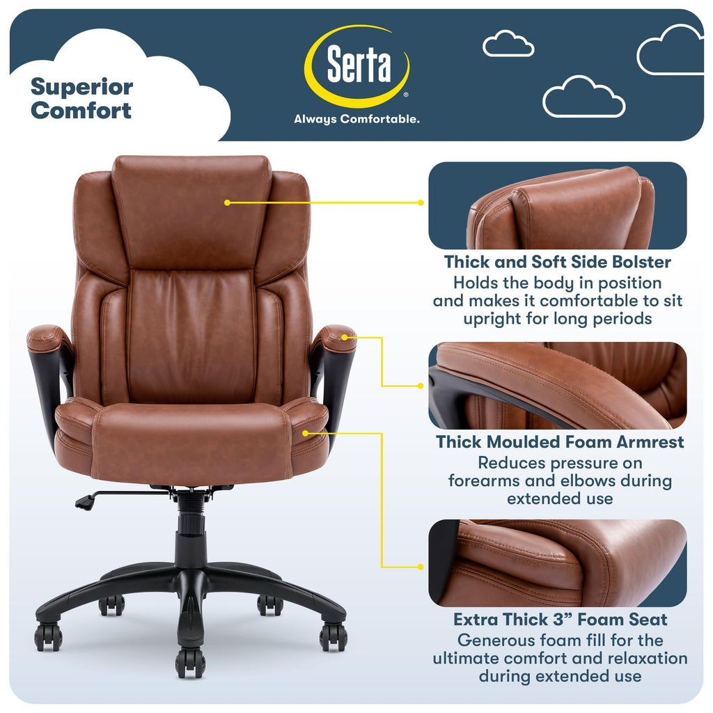 Serta Ergonomic Executive Office Chair with Lumbar Support, Leather Chair, High-Back, Cognac