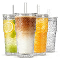 INSETLAN 20oz Begonia Flower Glass Tumbler Set of 4 – Thickened Glass Cups with Lids and Glass Straws for Iced Coffee, Smoothies, Milk, Water, and More – Elegant& Durable Drinkware
