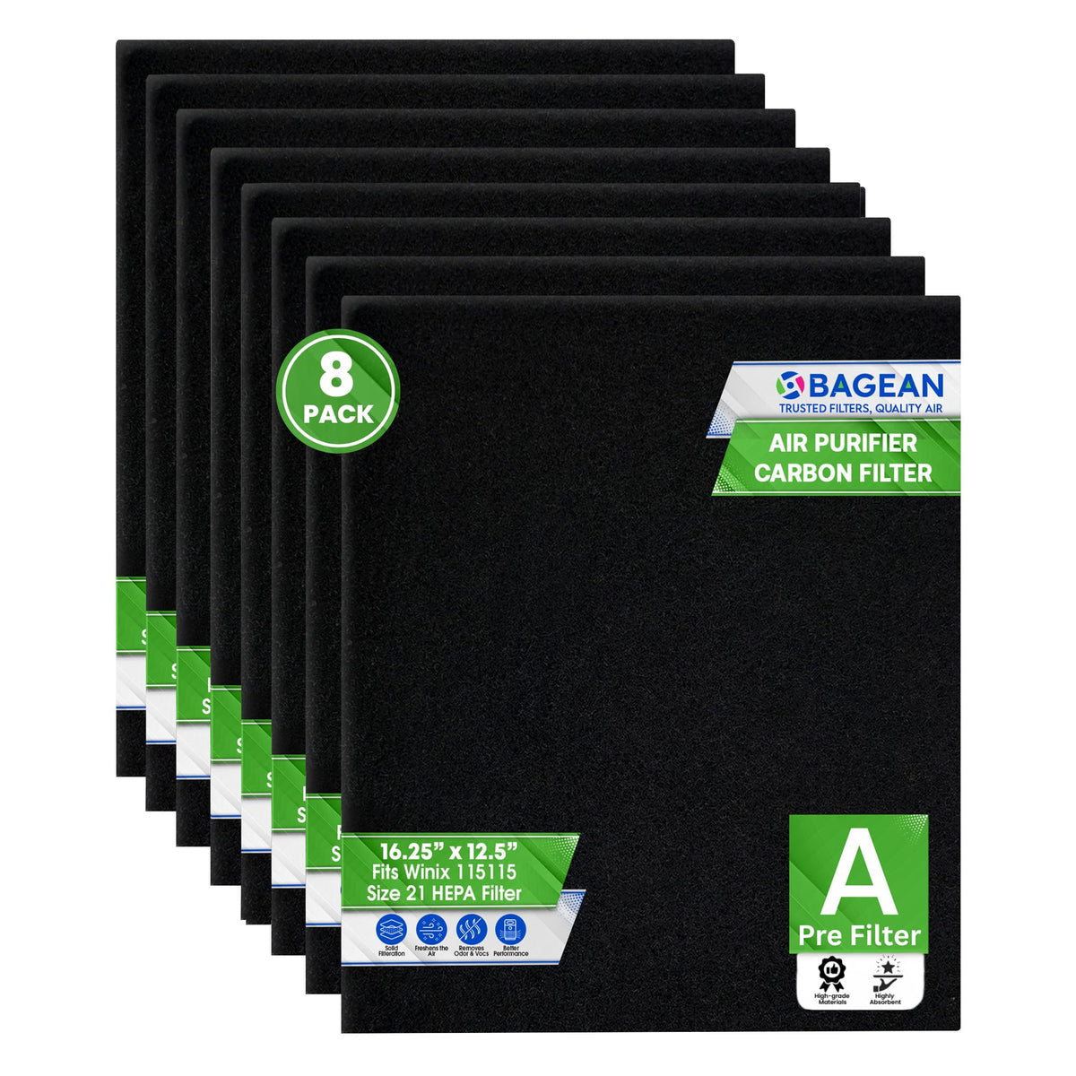 Bagean Carbon Pre Filter A 115115 - Compatible with Winix Air Purifier Filter Replacement - Fits Winix Plasmawave C535 5300 6300 - Activated Carbon Filters Absorb Odors and Freshens the Air (8-Pack)