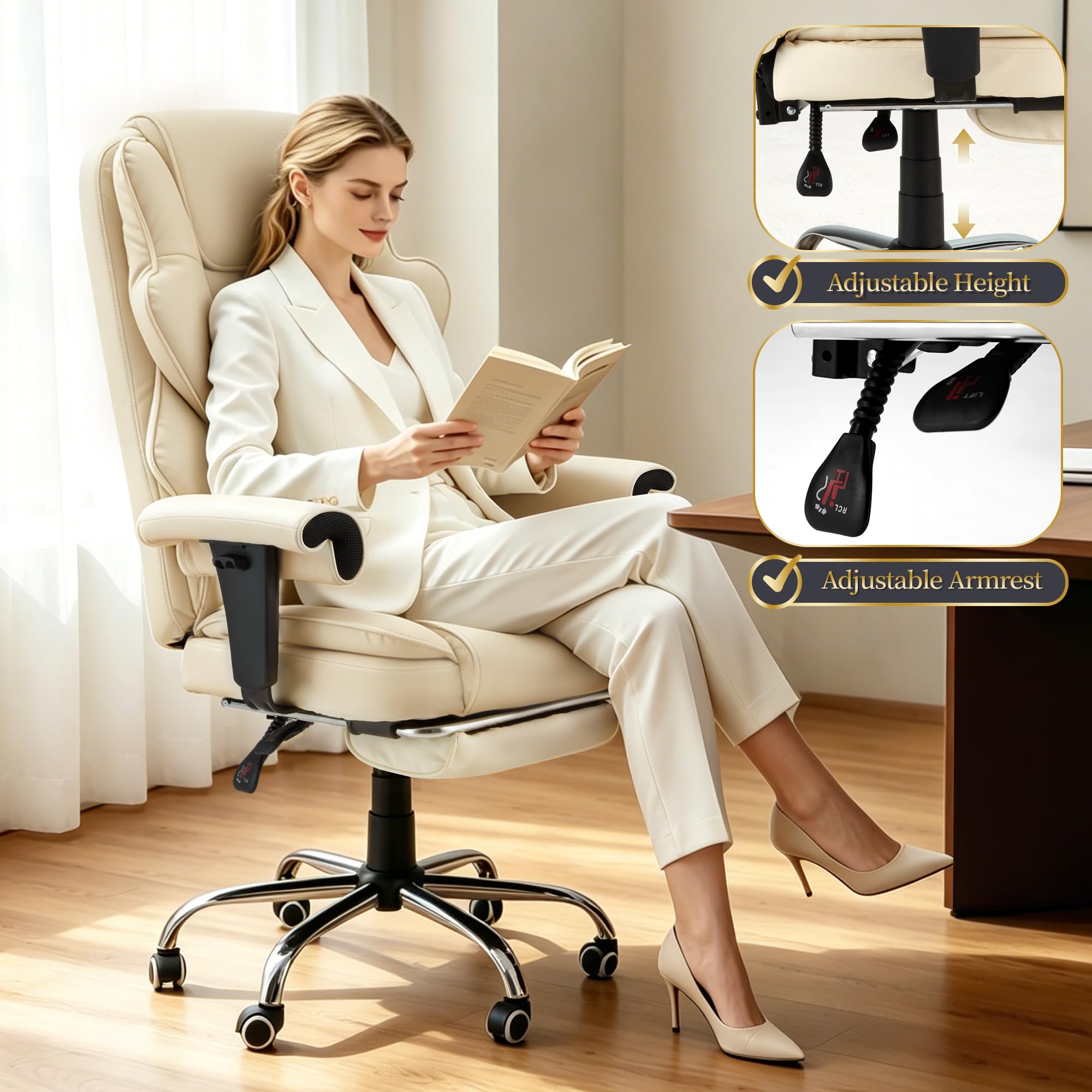 Heated Recliner Office Chair with Massager, Footrest, Height Adjustable Arm, Beige