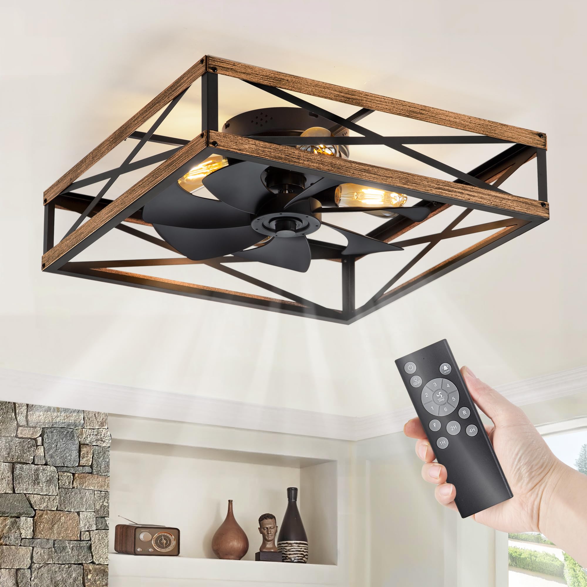 LEDIARY 23” Caged Low Profile Ceiling Fans with Lights and Remote, Rustic Square Flush Mount Ceiling Fan, 6 Speed and Reversible, Small Farmhouse Bladeless Ceiling Fan for Bedroom, Kitchen,Dining Room