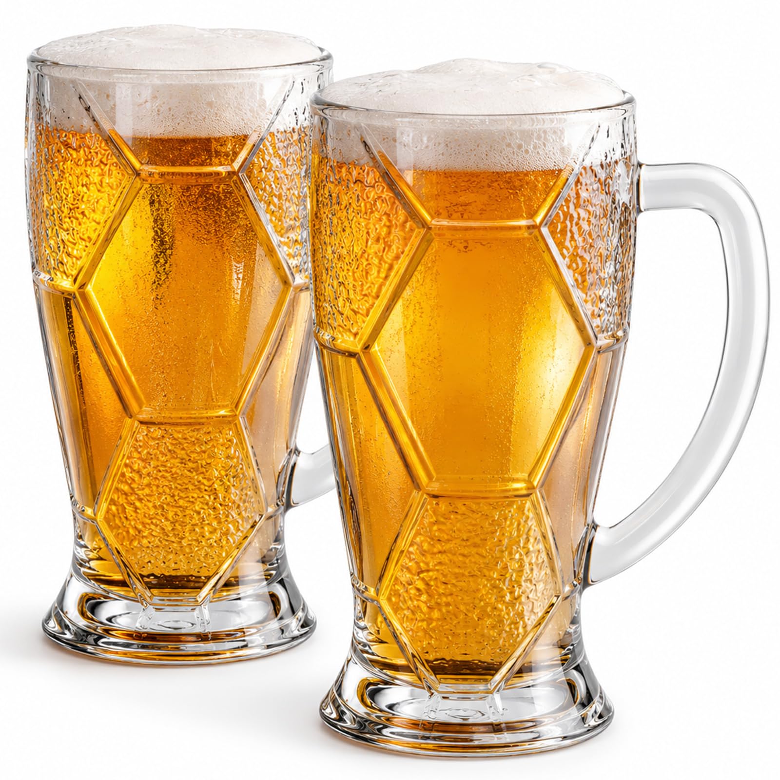 Beer Mugs For Freezer 22oz (2-Pack) – 3D Hexagon Textured Soccer Beer Glasses with Handle, Frosted Durable Drinkware for World Cup 2026, Best Gift for Soccer Fans, Dad & Husband – Dishwasher Safe