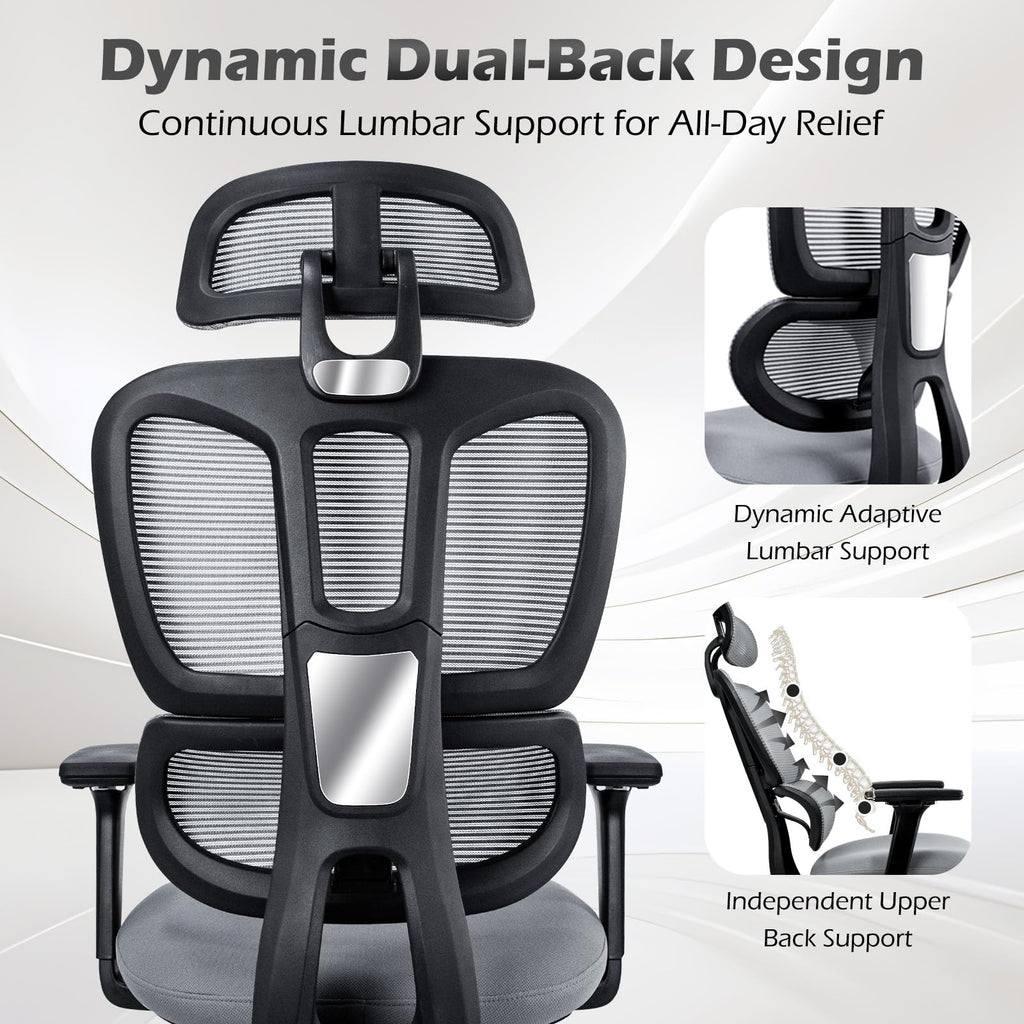 Ergonomic Office Chair with Footrest and Dynamic Lumbar Support, Grey, High Back, Dark Grey