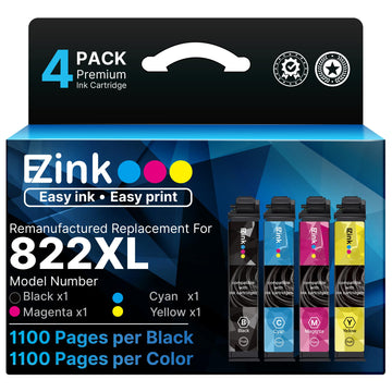 E-Z Ink Remanufactured Ink Cartridge Replacement for Epson 822XL Ink Cartridges Combo Pack for 822 Ink Cartridges for WF-3820 WF-3823 WF-4820 WF-4830 WF-4833 Printer (4Pack Black Cyan Magenta Yellow)