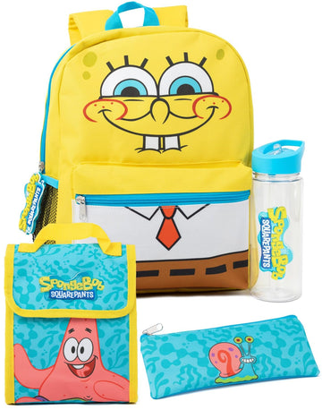 SPONGEBOB SQUAREPANTS 4 Piece Backpack Set | Kids Rucksack Bundle with School Bag, Pencil Case, Lunch Bag & Water Bottle