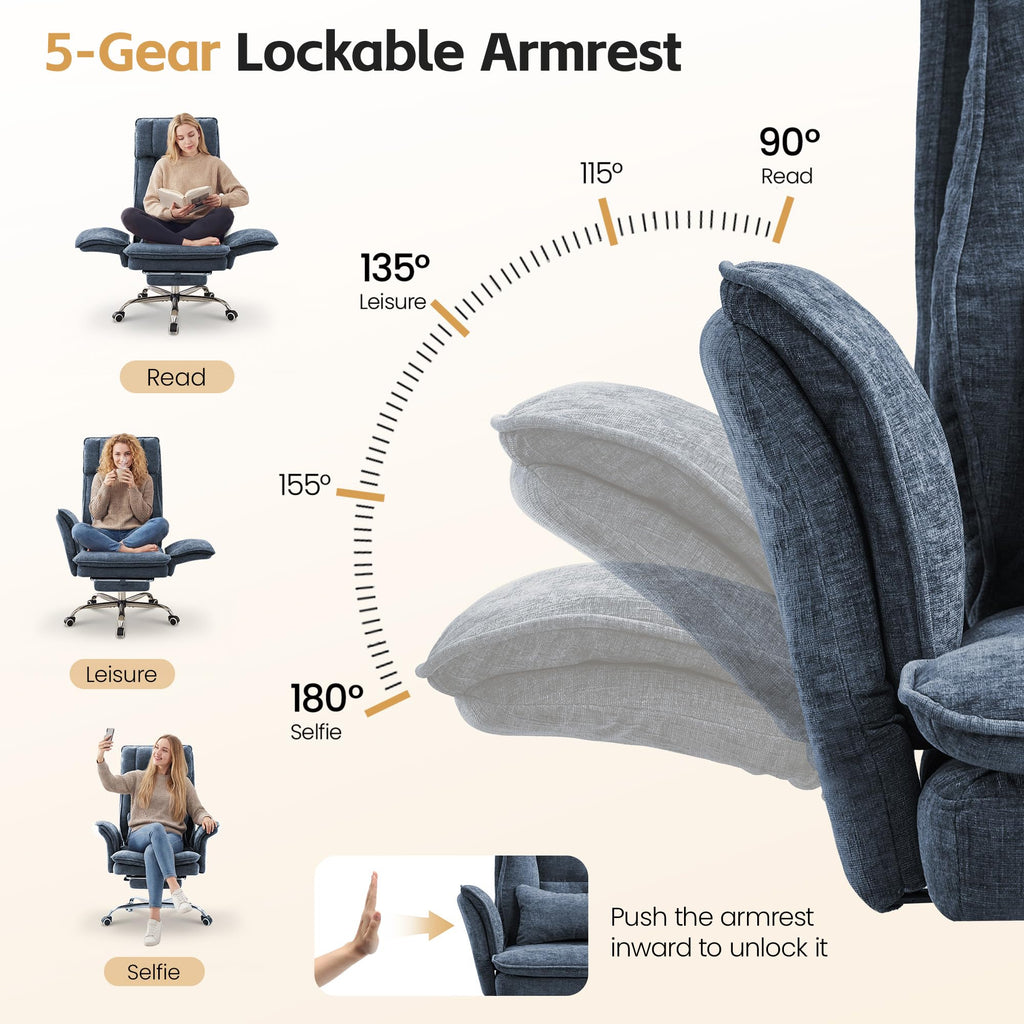 Hubson Big and Tall Office Chair, Footrest & Flip Armrest for Pets, Blue, Chenille