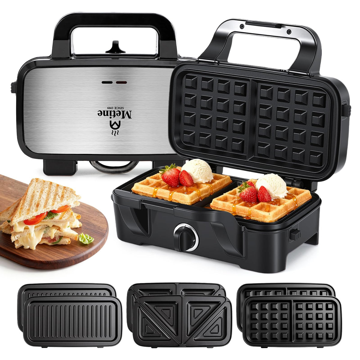 Waffle Maker with Removable Plates, 3-in-1 Sandwich maker and waffle and pancake maker, Nonstick Plates, 5-Level Browning Control & Ready Indicator Lights, Easy to Clean for Family Breakfast