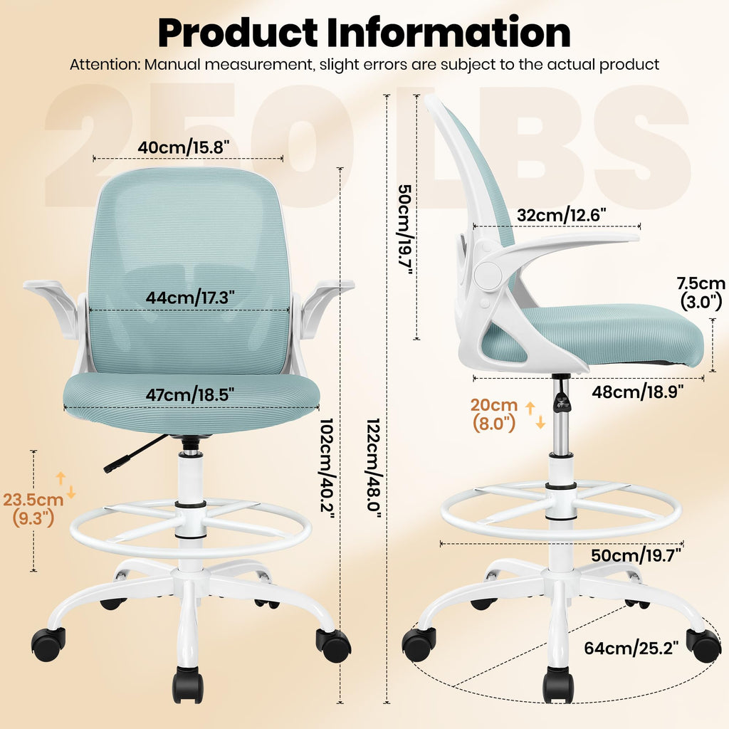 Primy Drafting Chair Tall Office Chair with Flip-up Armrests Executive Ergonomic Computer Standing Desk Chair with Lumbar Support and