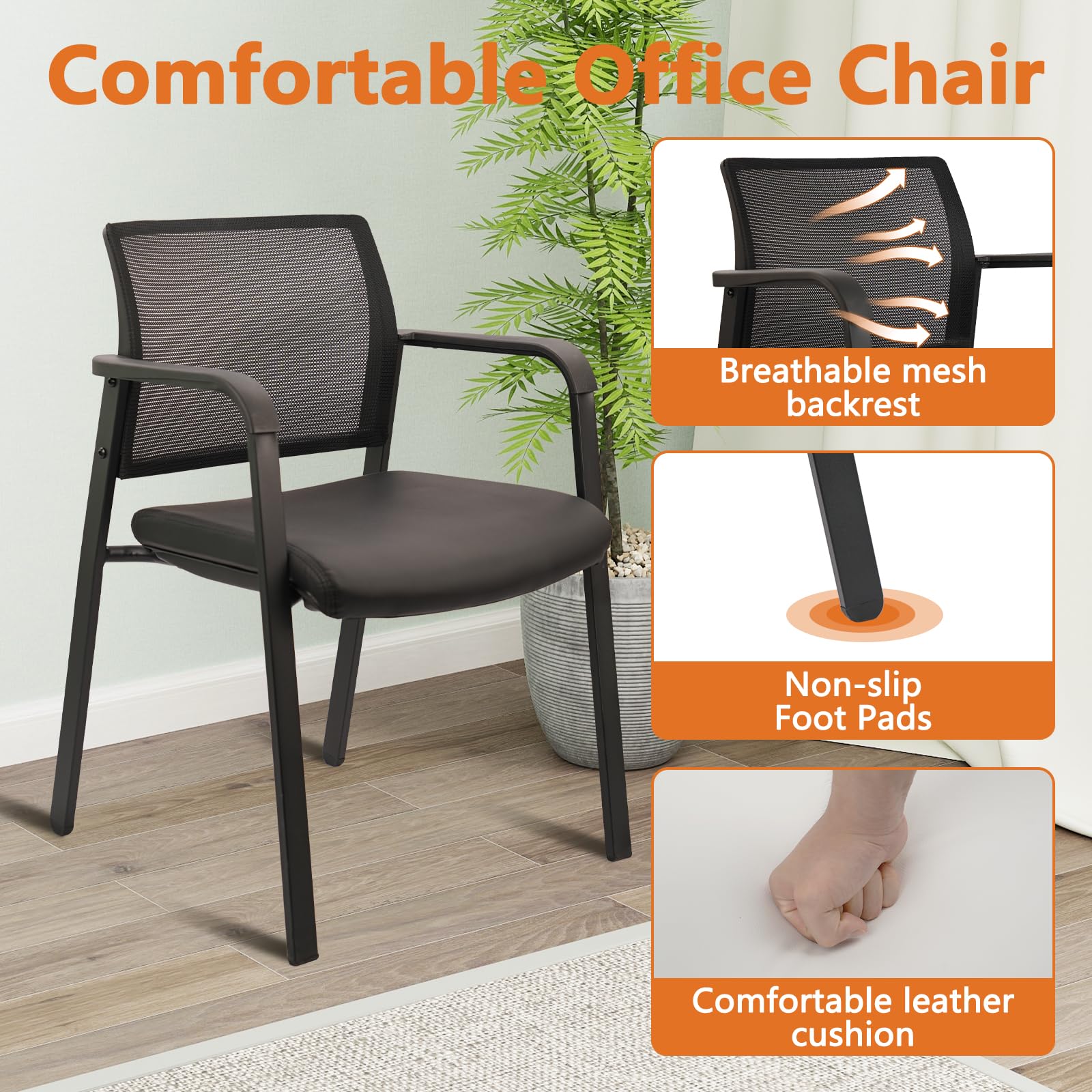 Clatina Stackable Office Chair, Mesh Back Guest Chairs with Comfortable Leather Seat Arms Stacking Ergonomic Desk Chair No Wheels for