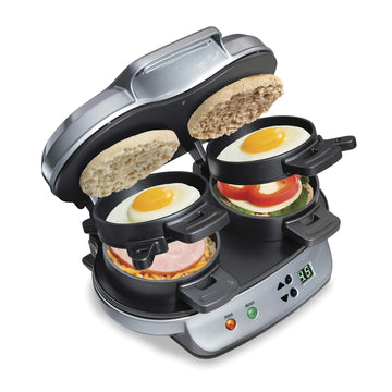 Hamilton Beach Dual Breakfast Sandwich Maker with Egg Cooker Rings & Timer