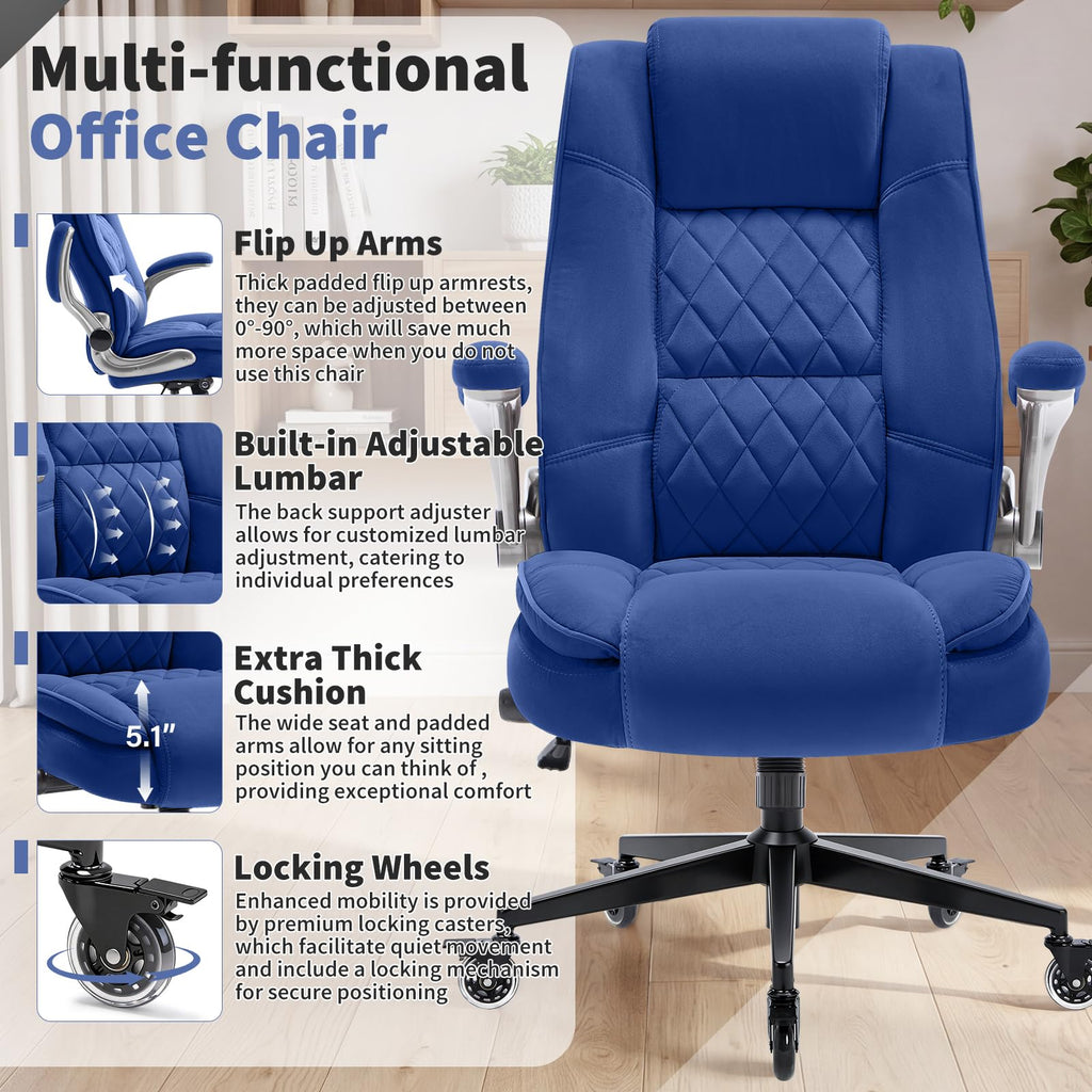 Fabric High Back Office Chair, Thick Padded Ergonomic Computer Desk Chair, Large, Navy