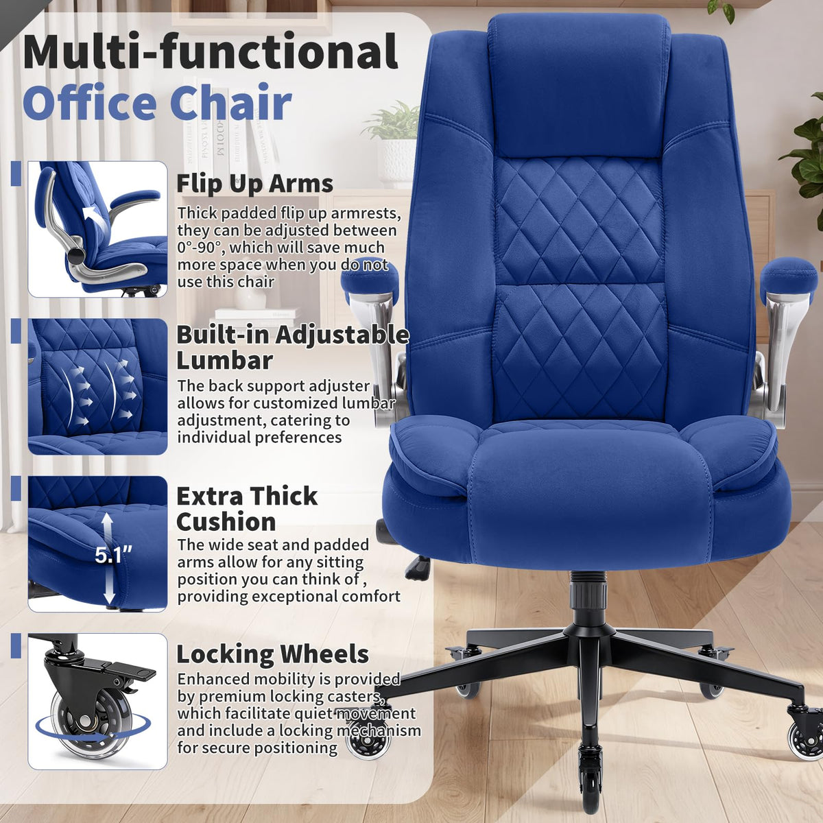 Fabric High Back Office Chair, Thick Padded Ergonomic Computer Desk Chair, Large, Navy